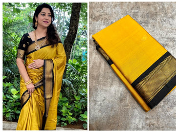 Burnt yellow / mustard with dark brown border saree