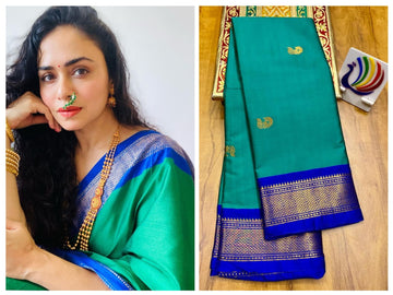 Teal Blue with ink  blue  border saree