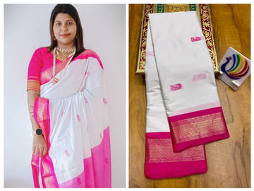 white with Pink border saree