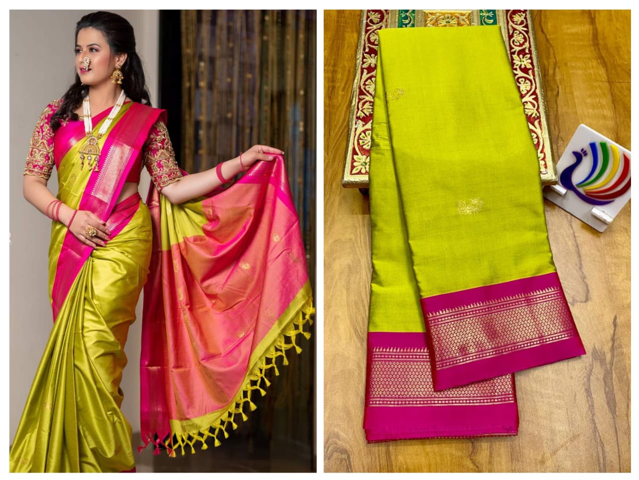 Green with  Pink  border saree