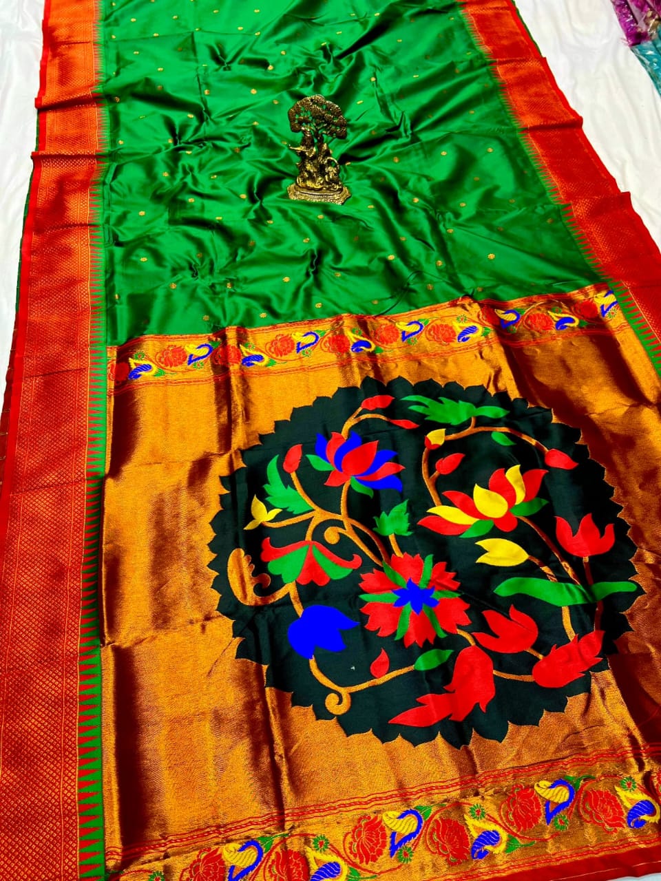 green  color with fancy Lotus pallu  paithani saree