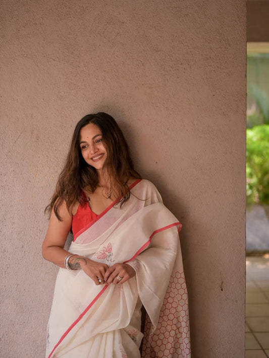 White and red soft linen saree