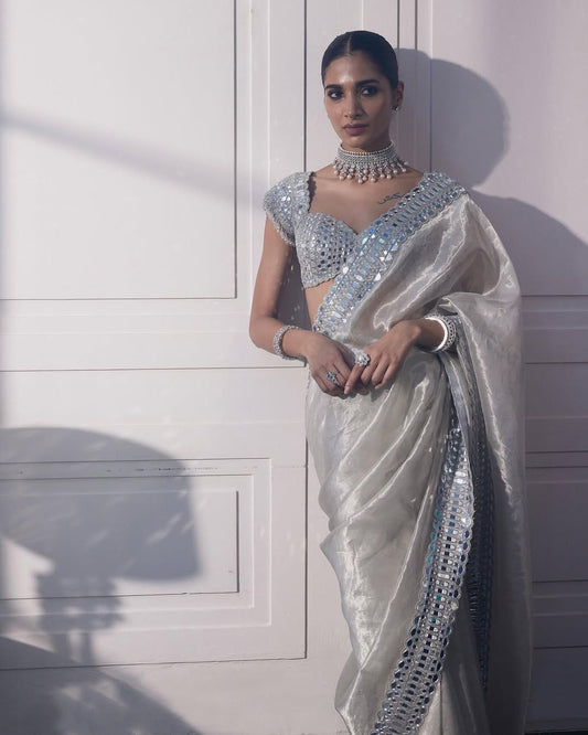Silver Soft Satin Organza Saree with Real Mirror Work