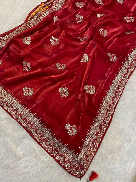 Red Jimmy Choo Crystal Silk Saree