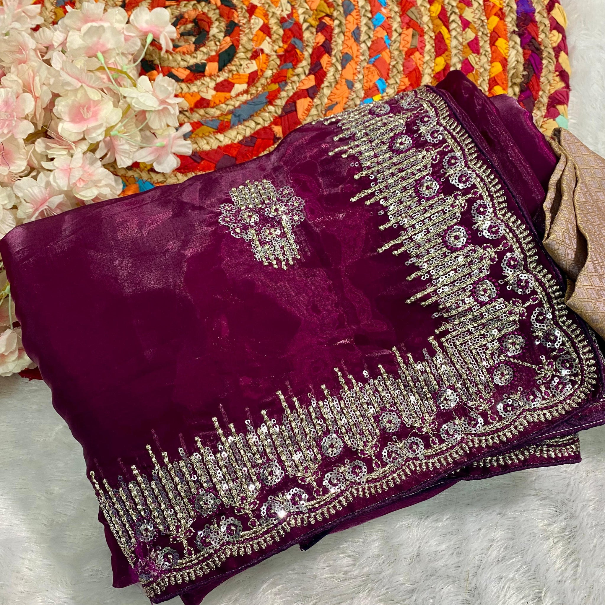 Magenta Crystal Silk Embroidered Saree