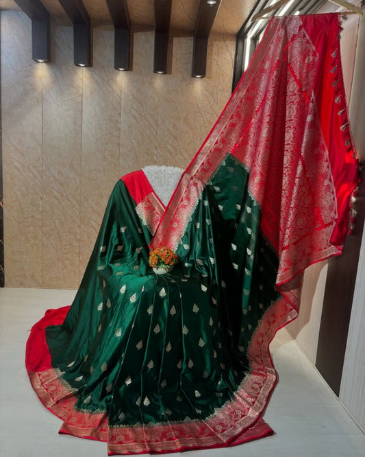 Bottle Green with red border Banarasi mashru silk saree