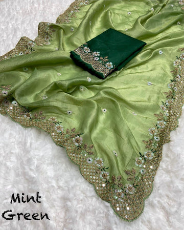 Green  Pure Gold Crush Saree