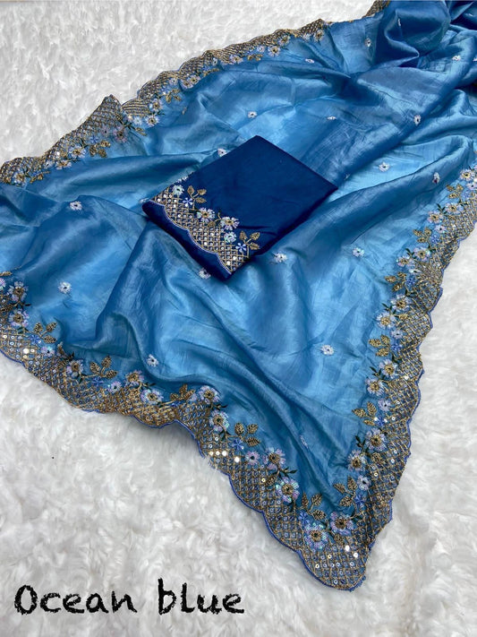 Blue Pure Gold Crush Saree