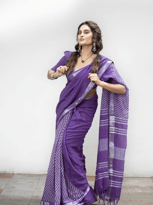 Purple soft linen printed saree