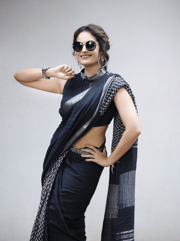 Black soft linen printed saree