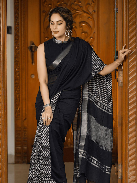 Black soft linen printed saree
