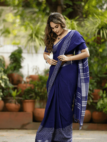 Blue soft linen printed saree