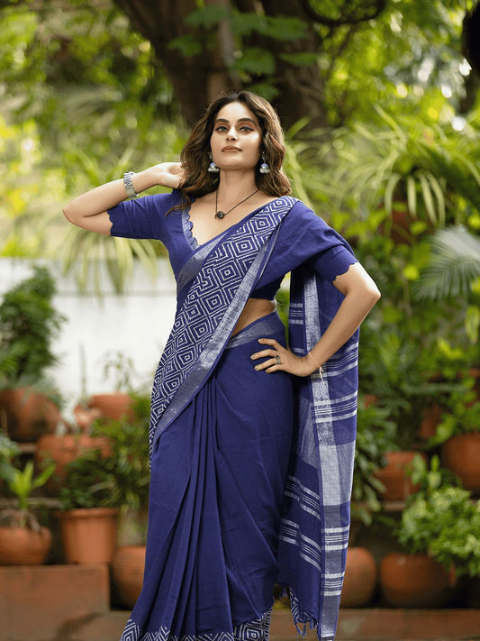 Blue soft linen printed saree