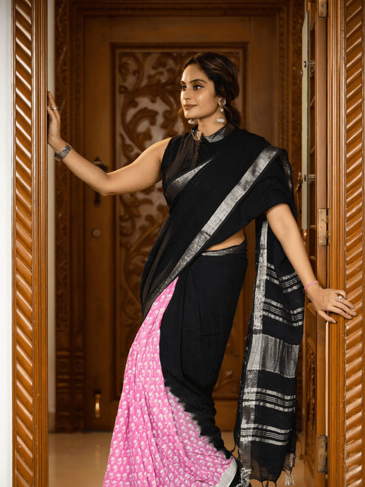 Black  soft linen printed saree
