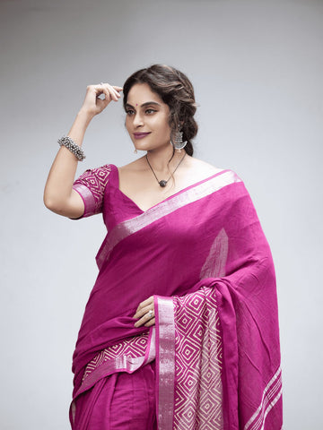 Raspberry pink soft linen printed saree