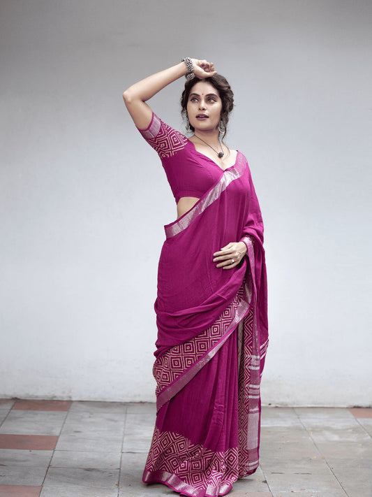 Raspberry pink soft linen printed saree
