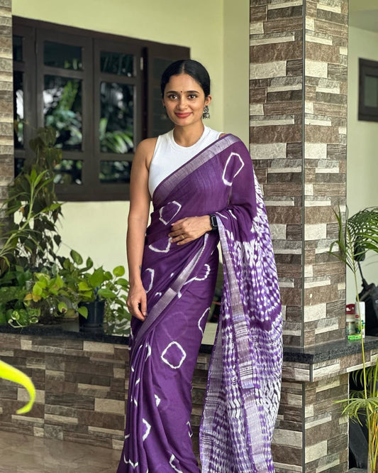 Purple blue  soft linen printed saree