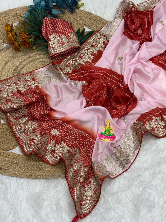 baby pink with marron red  Designer Shiny Silk Saree