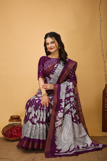 Purple print  Soft Dola Silk Saree
