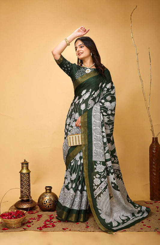 Green  print  Soft Dola Silk Saree