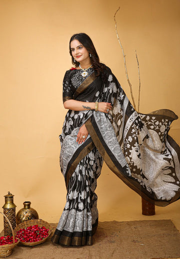 black and white print  Soft Dola Silk Saree