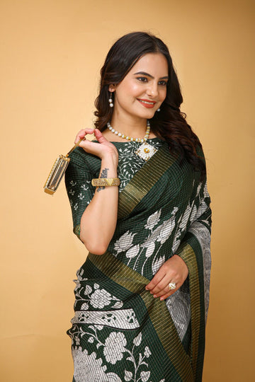 Green  print  Soft Dola Silk Saree