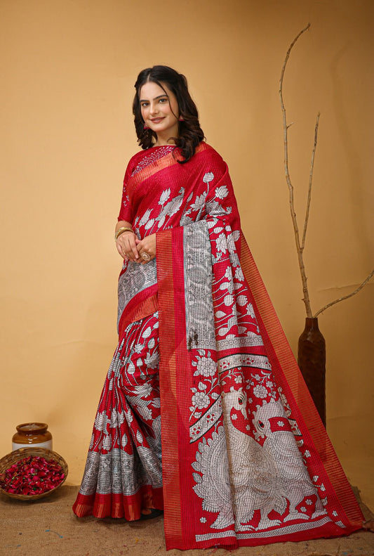 Red  print  Soft Dola Silk Saree