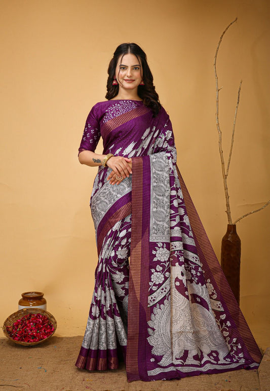 Purple print  Soft Dola Silk Saree