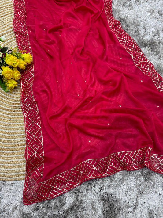 Cherry Red Soft Organza Saree with Hand Touch Sequin Work