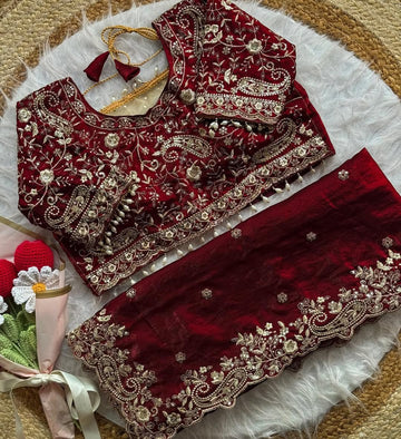 Marron red  Space Silk Embroidery Saree
