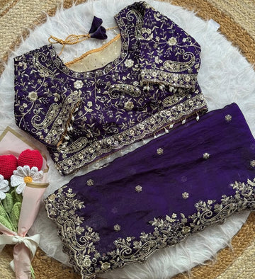 Dark Purple Space Silk Embroidery Saree