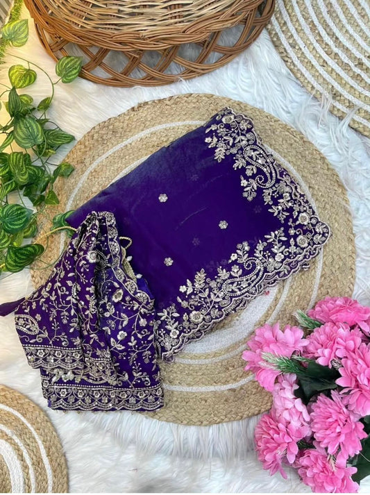 Dark Purple Space Silk Embroidery Saree
