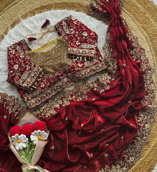 Marron red  Space Silk Embroidery Saree