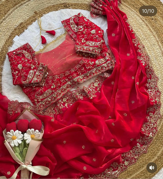 Red Space Silk Embroidery Saree
