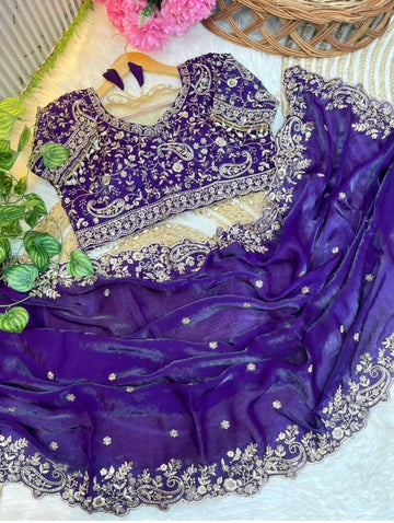 Blue Space Silk Embroidery Saree