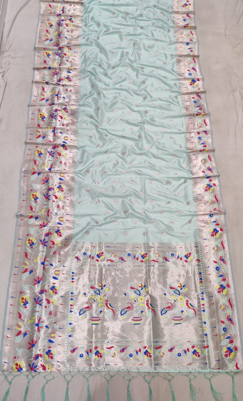 Cyan Blue color with rich paithani border saree