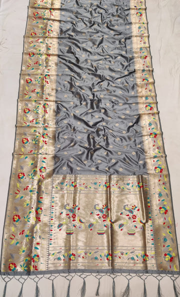 Grey color with rich paithani border saree