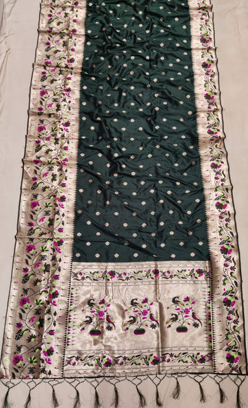 Dark Green  color with rich paithani border saree