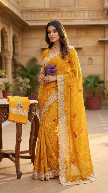Yellow Soft Georgette Bandhej Saree