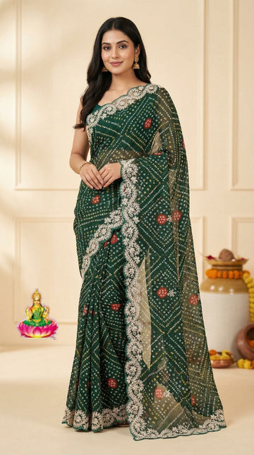 Green Soft Georgette Bandhej Saree