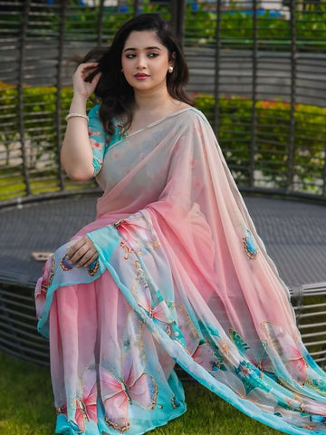 Pink Rose Soft Pure Georgette Handwork Saree