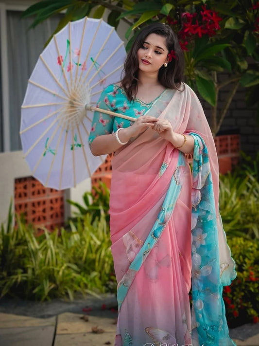 Pink Rose Soft Pure Georgette Handwork Saree