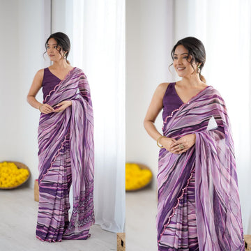 Purple stripes Soft Georgette Silk Printed Saree