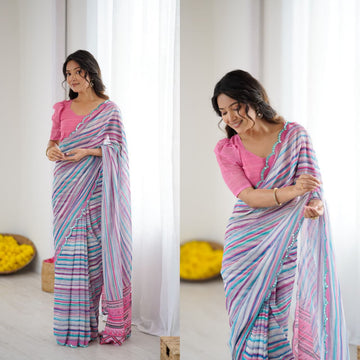 Multi colour stripes Soft Georgette Silk Printed Saree
