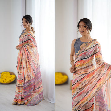 Orange stripes Soft Georgette Silk Printed Saree