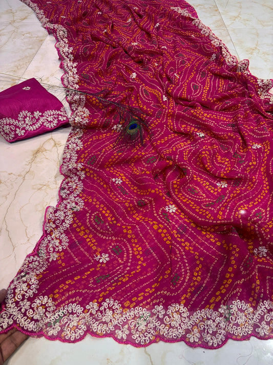 Rani pink heavy georgette Bandhani Saree