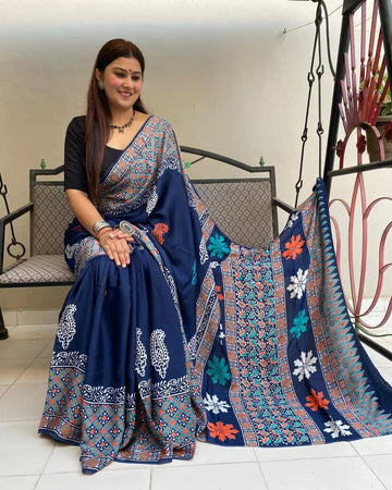 (Ajrakh Collection – Premium Muslin Silk Sarees